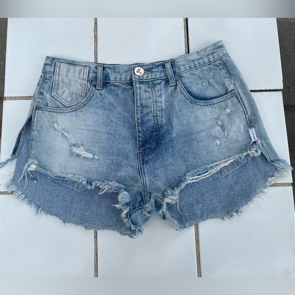Festival One X Oneteaspoon 27 Le Wolves Cut Off Short Shorts Blue Jean Denim